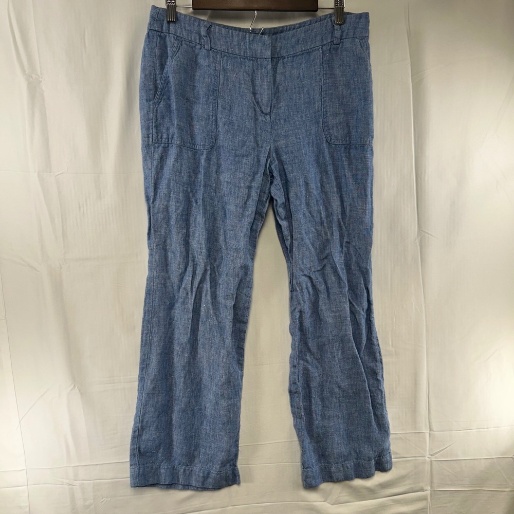 Talbots Linen Pants Womens 10P Blue Straight Leg Petite Lightweight Pockets